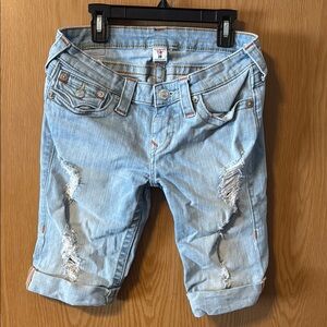 True Religion Distressed Bermuda Denim Shorts